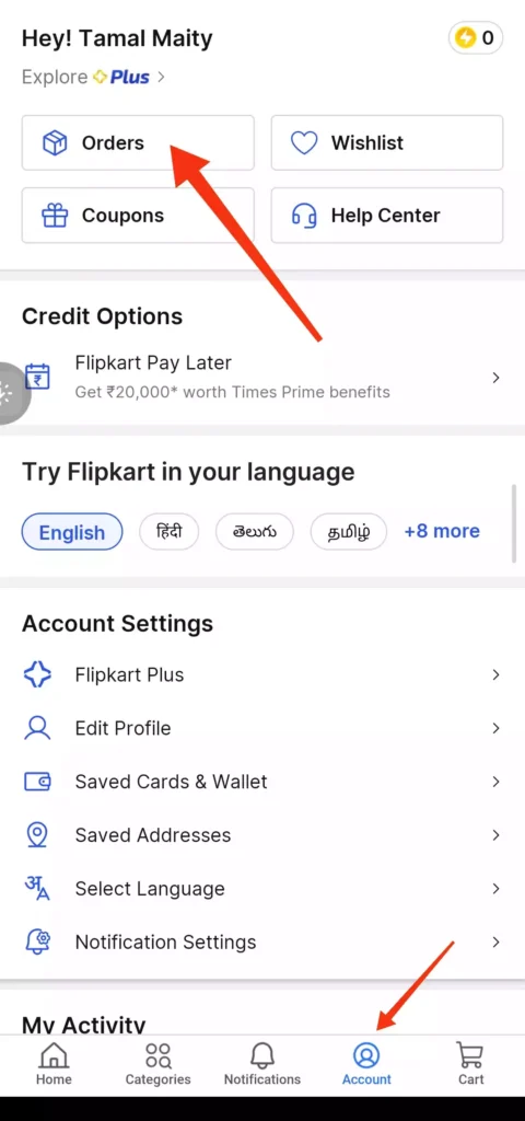 Flipkart app Account section