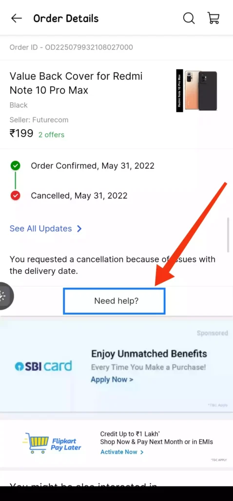 Flipkart app order details history section