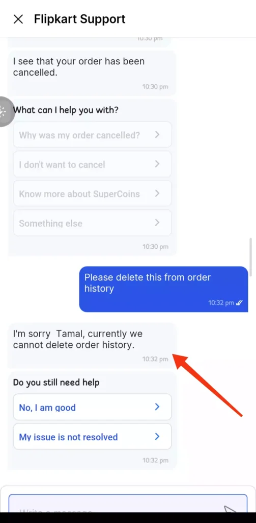 Flipkart support chat page