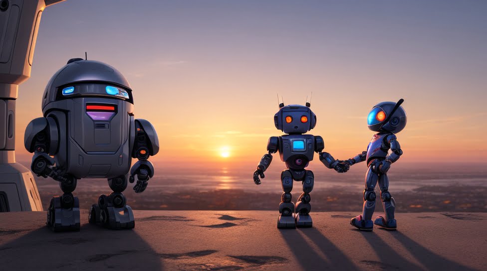 Robots handshake in the front of sun set