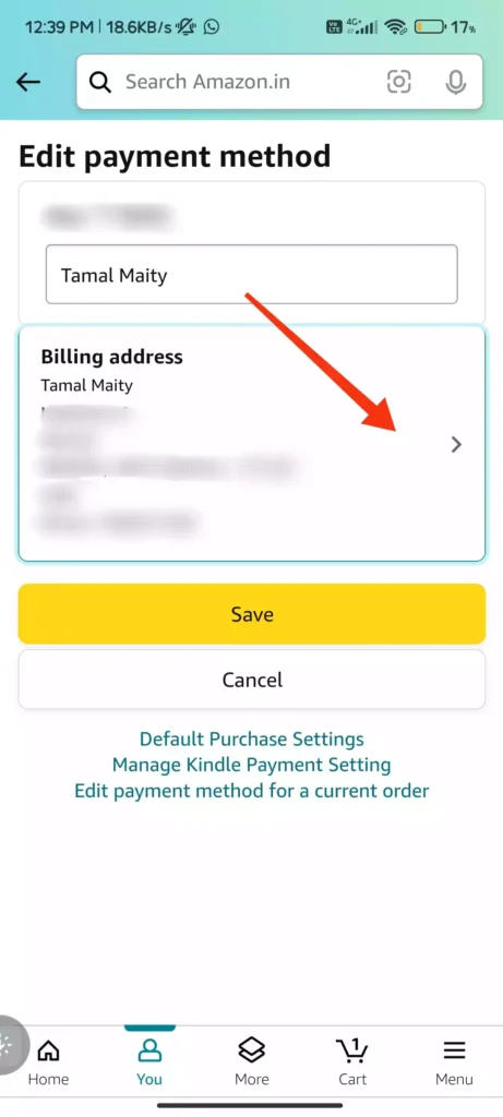 change billing address in amazon mobile app