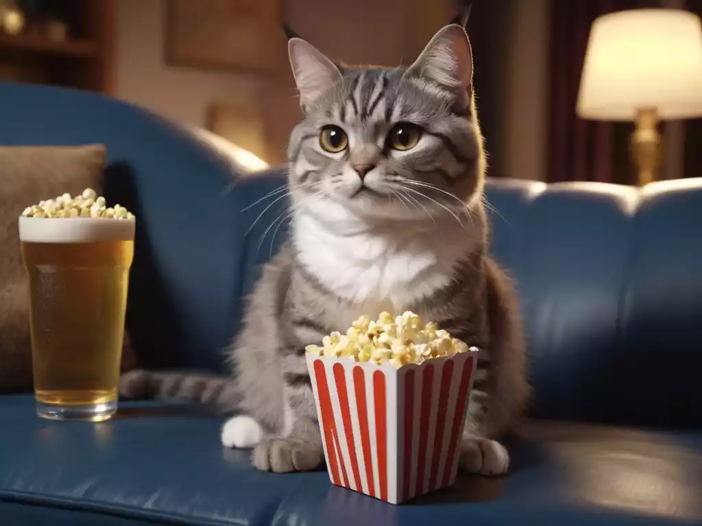 ai image of a cat is sitting in sofa with popcorn and beer 