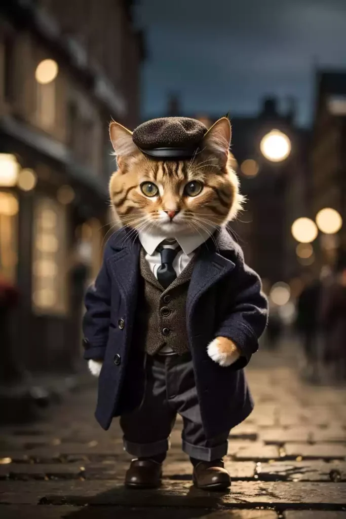 ai prompts of a detective cat in a road