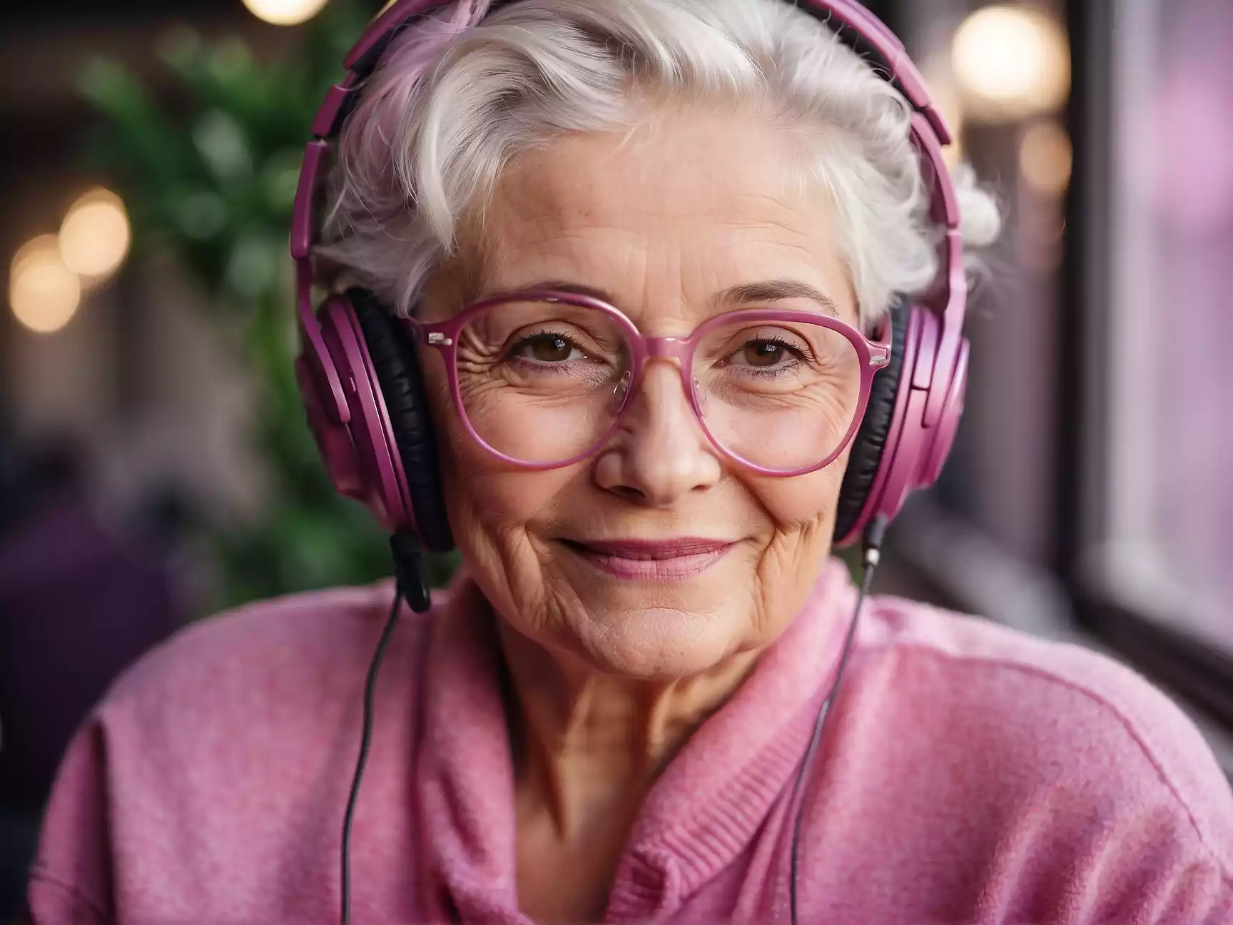 ai art prompts for an old woman with a headphone 