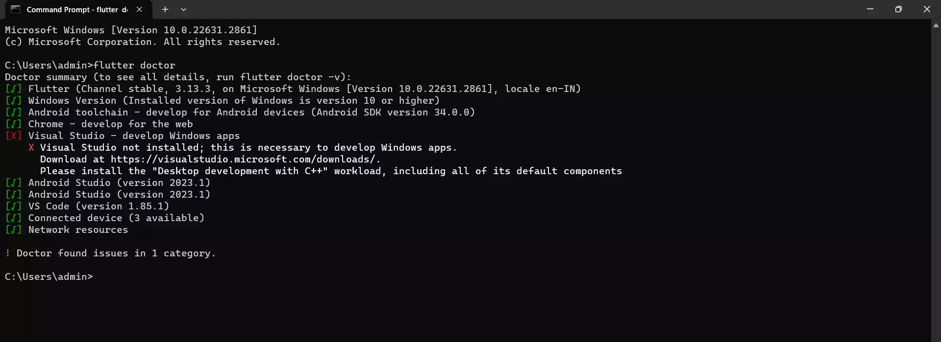 flutter doctor in command prompt