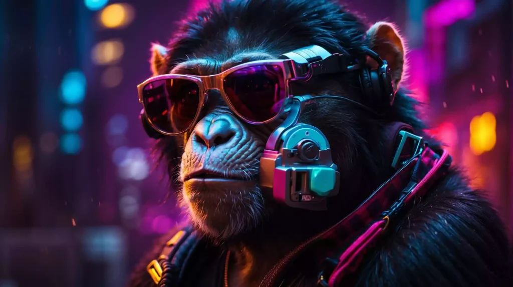 best AI art generator prompt a cyberpunk chimpanzee with sunglass 